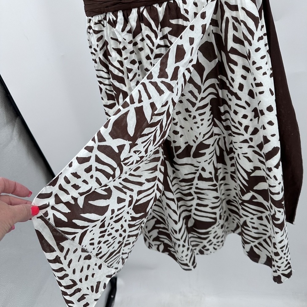 Maggy London Brown White Tropical Leaf Print Cotton Empire Waist Dress Womens 10 - Picture 7 of 9